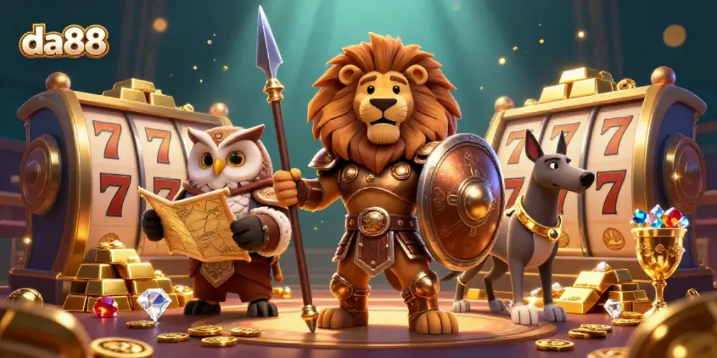 Experience thrilling slots with da88 featuring a Spartan lion, treasure, and casino fortune.
