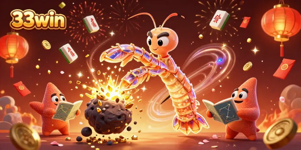 33win offers an exciting visual of a galactic mantis shrimp and starfish celebrating winnings amidst a rich casino-themed environment.