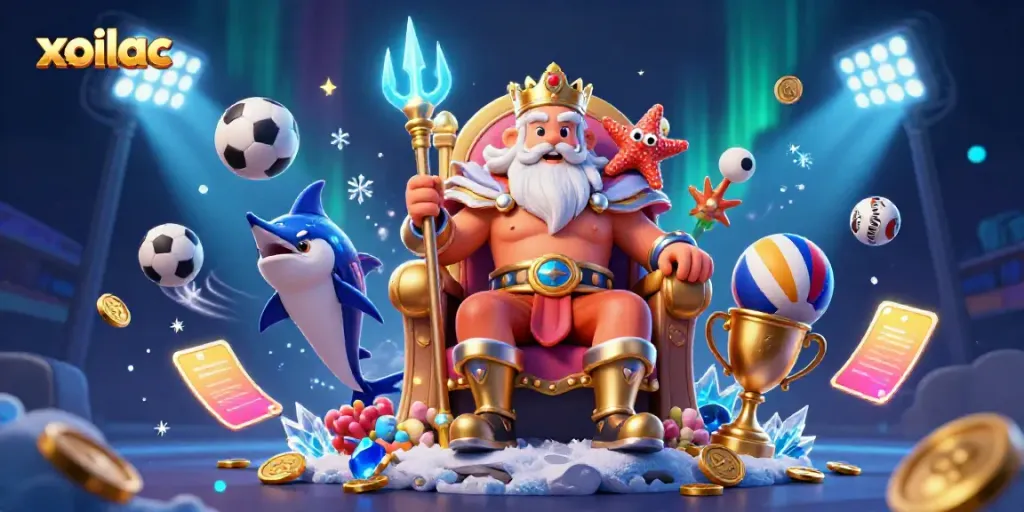 Engage with xoilac's thrilling live sports betting experience featuring dynamic sports elements and cartoon characters.