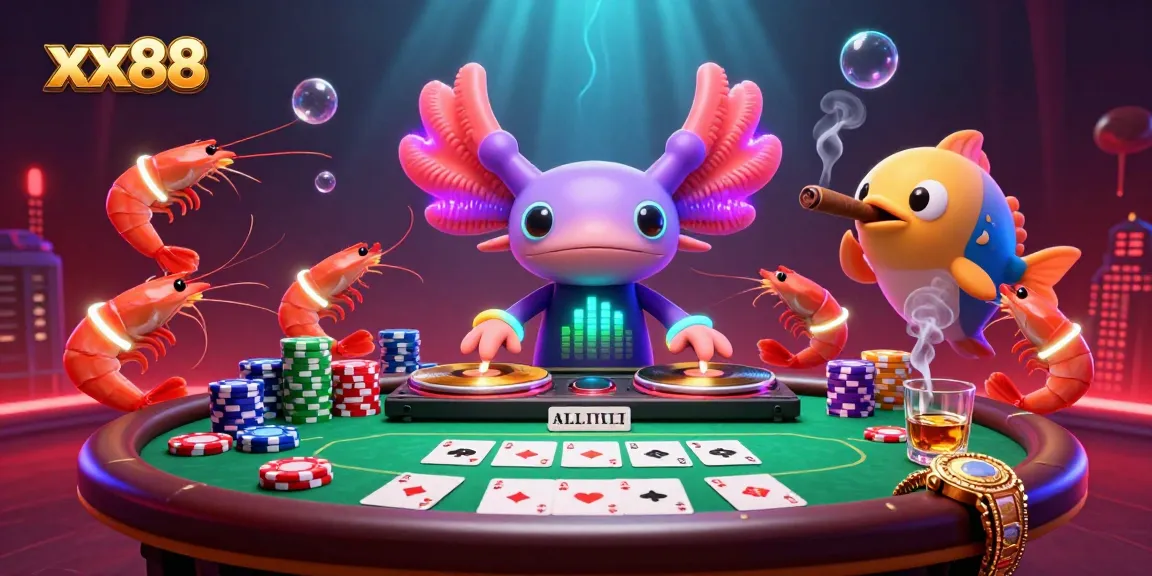 Visualize the vibrant world of xx88, where a neon axolotl DJ spins records amidst colorful poker elements.