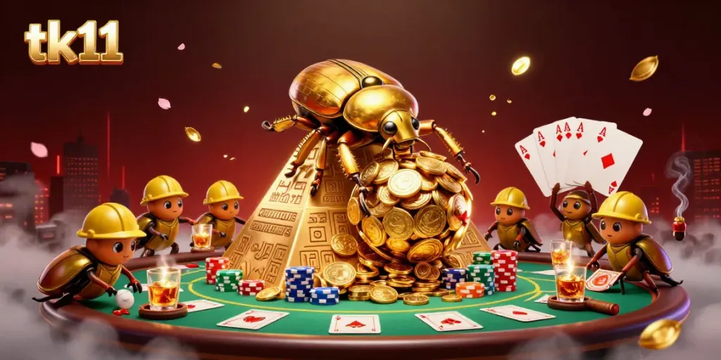 Experience the exhilarating world of tk11 with a cartoon golden dung beetle moving golden coins, and vibrant casino elements.