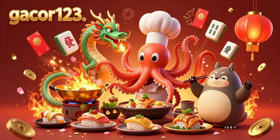 Experience the vibrant excitement of gacor123 with a 3D sushi chef octopus and dragon preparing golden game delights.