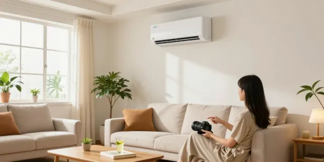 Person enjoying a refreshing drink while adjusting the mini split AC in a cozy living room.