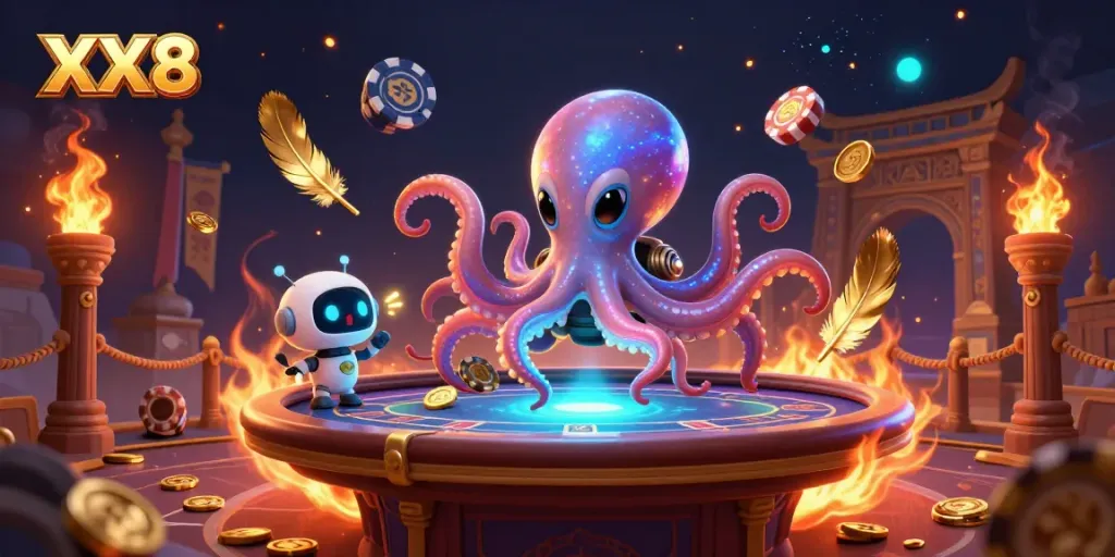 Engage with the exciting universe of XX8 featuring an alien octopus at a poker table.
