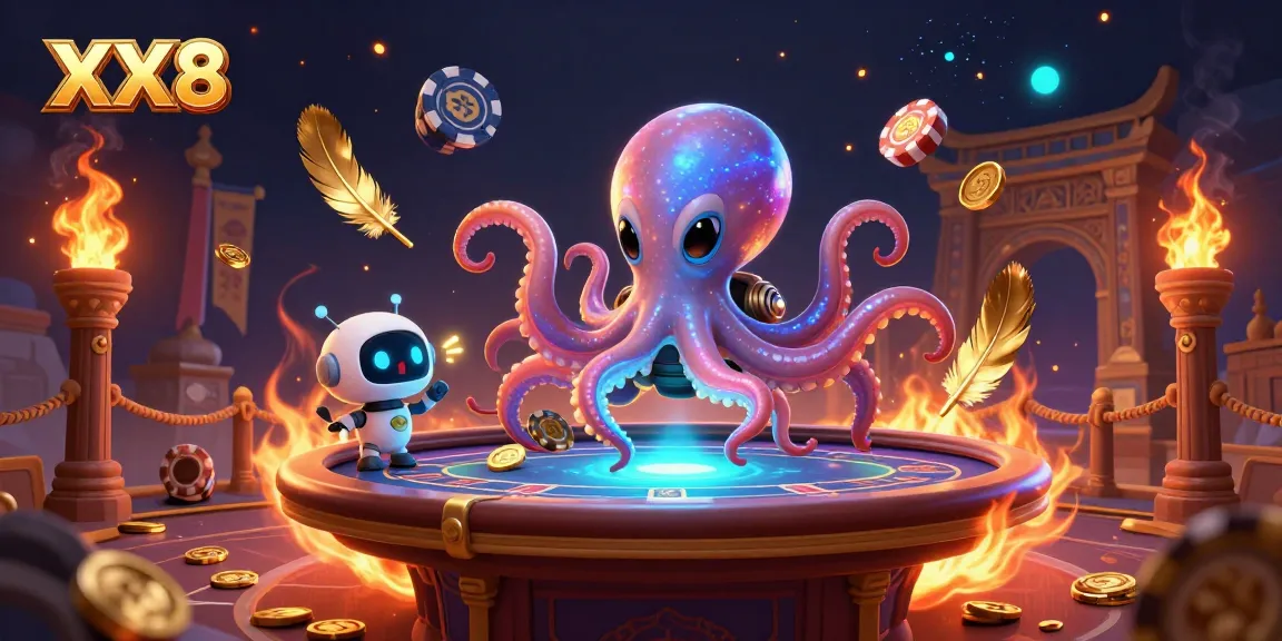Engage with the exciting universe of XX8 featuring an alien octopus at a poker table.