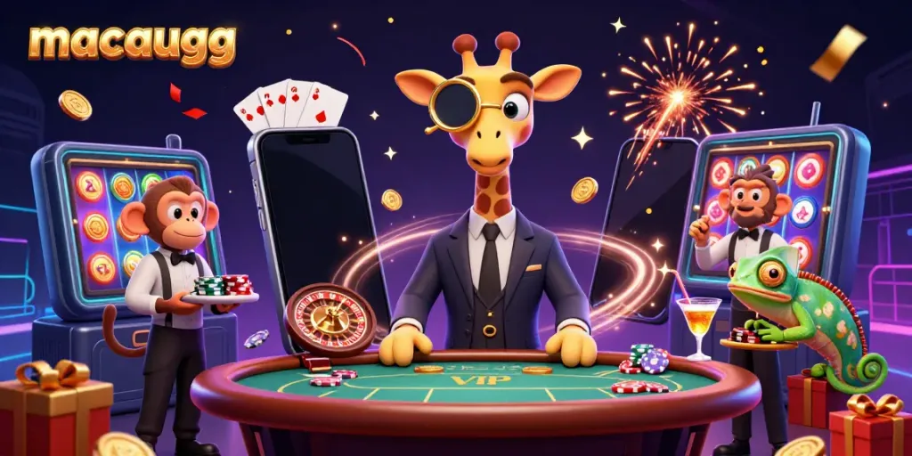 Join the excitement of macaugg gaming with a giraffe in suit, monkey valet, and chameleon bartender!