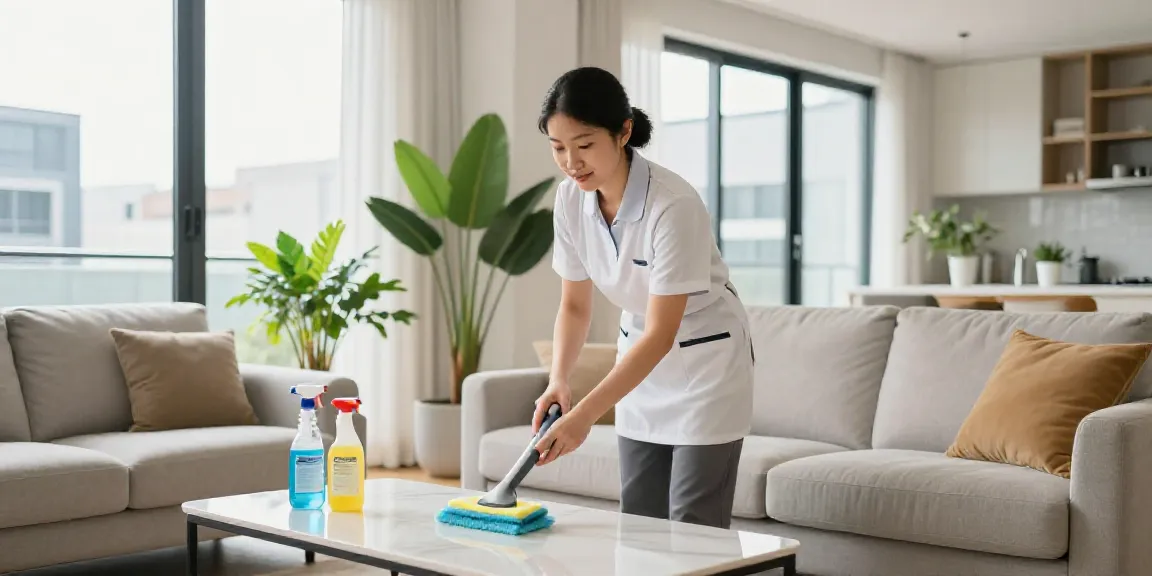 Domestic cleaning in Melbourne visual showcasing a professional cleaner tidying a modern apartment.