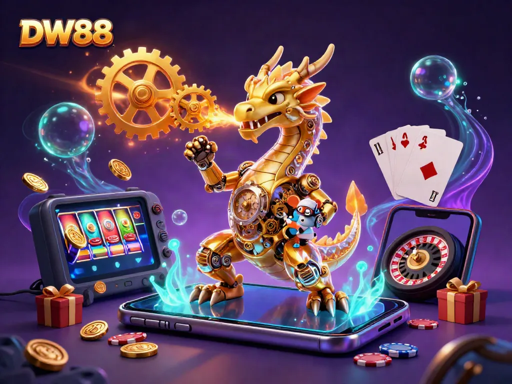Winning big with DW88, as shown by the energetic scene featuring a golden dragon and casino elements.