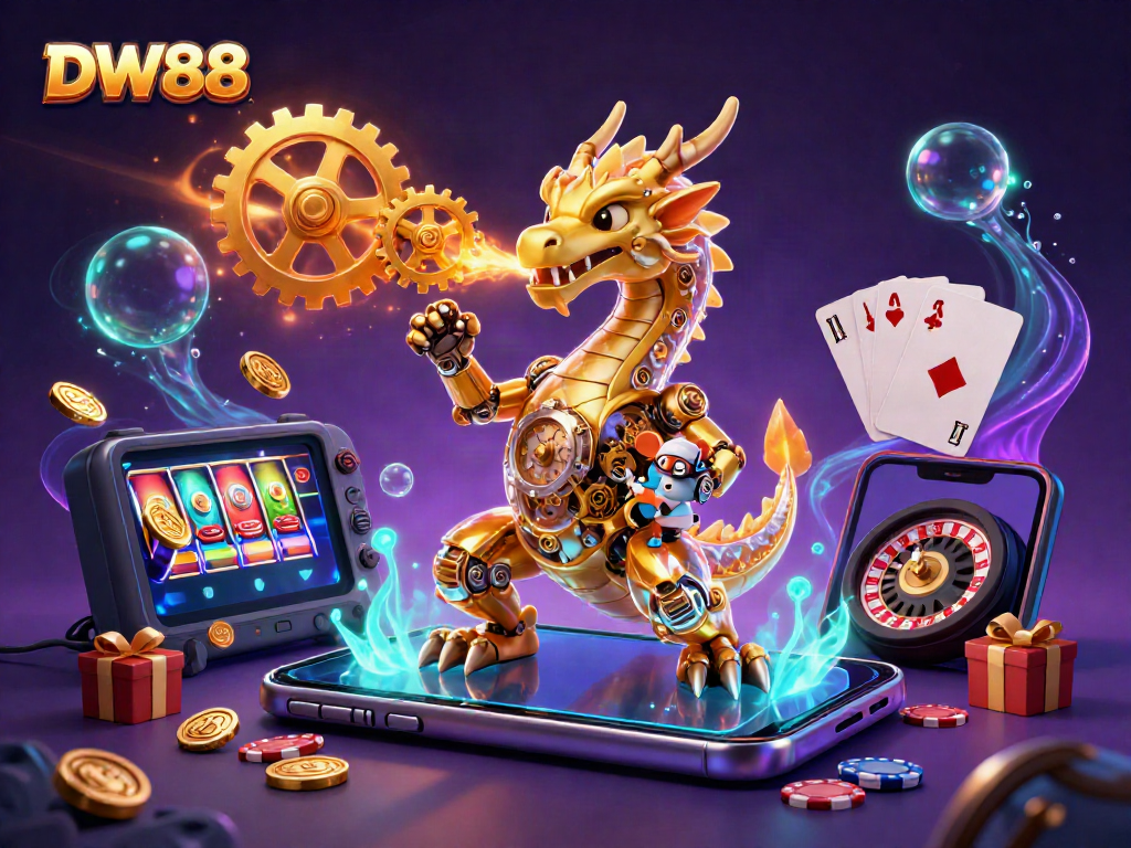 Winning big with DW88, as shown by the energetic scene featuring a golden dragon and casino elements.