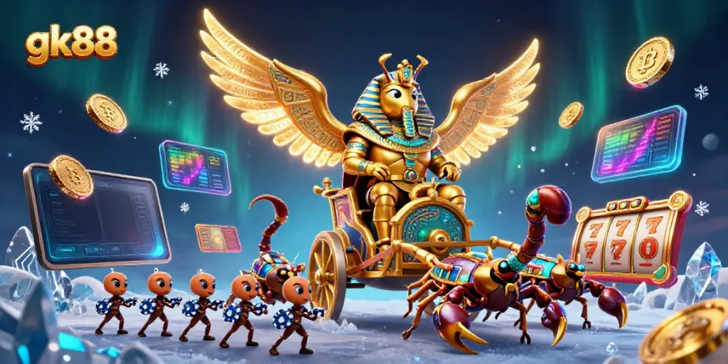 Engage in games at gk88 with excitement and colorful jackpot elements surrounding a victorious golden scarab.
