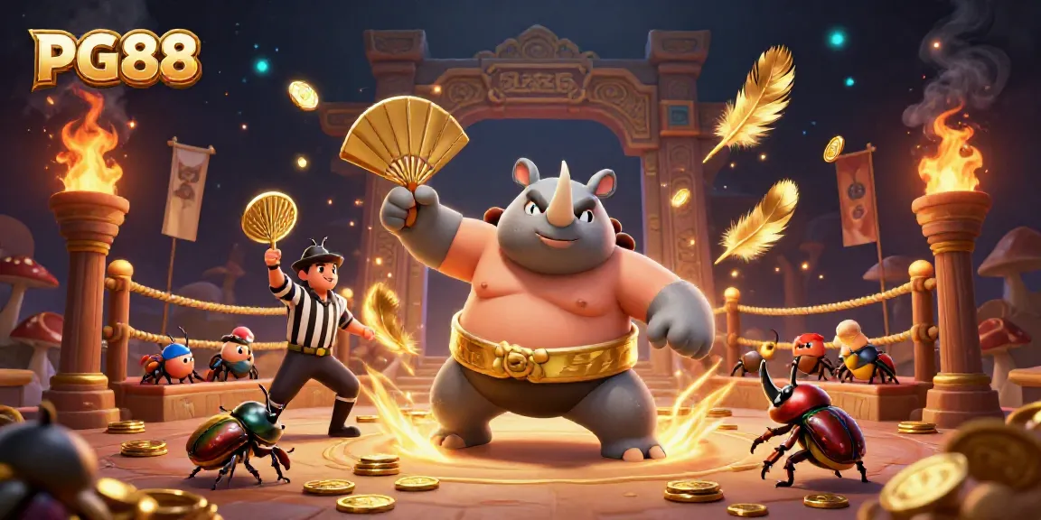 Engaging illustration of PG88 showing a rhinoceros beetle sumo champion amidst coins and betting tokens in a dynamic casino scene.