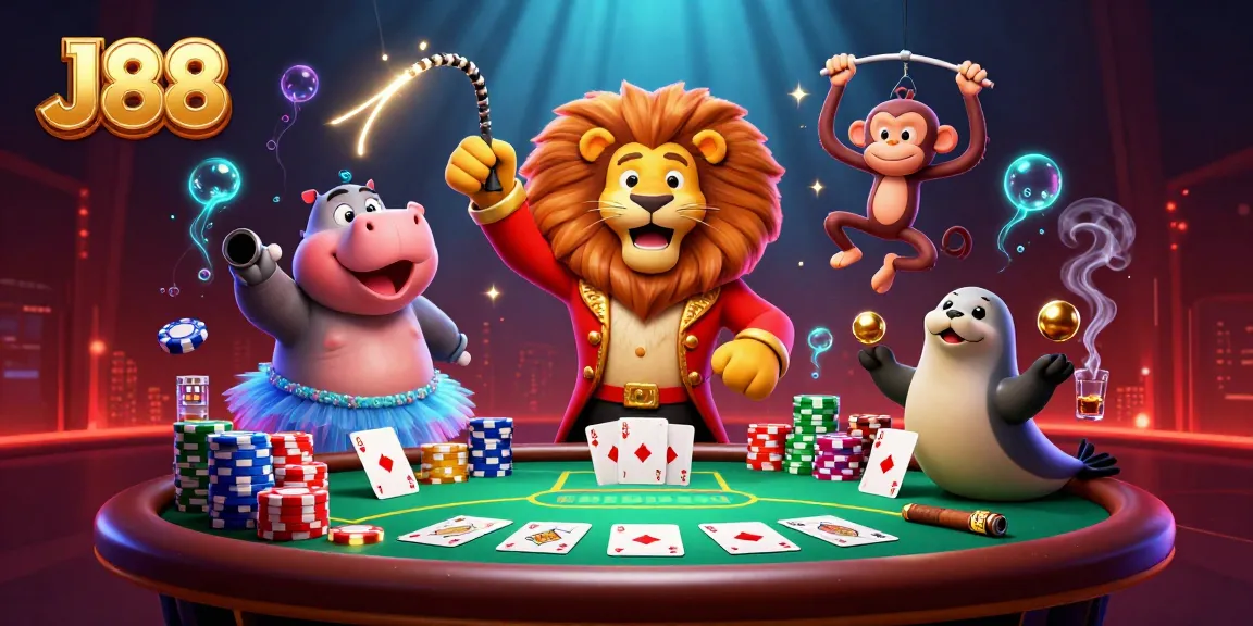 Engaging dynamic scene with J88 characters in a casino themed 3D illustration, showcasing lively gambling action.