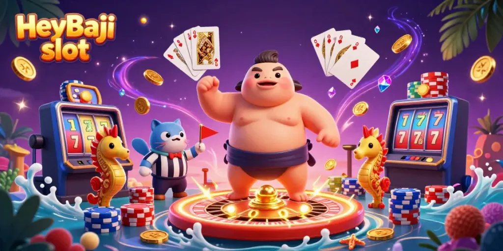 Engage with the vibrant HeyBaji slot scene featuring characters in a casino setting with spinning reels and golden rewards.