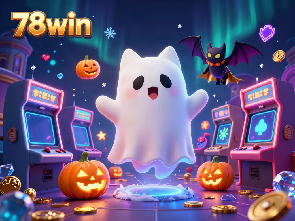 Engage with 78win's vibrant casino world featuring a friendly ghost cat and bat companion in a spooky setting.