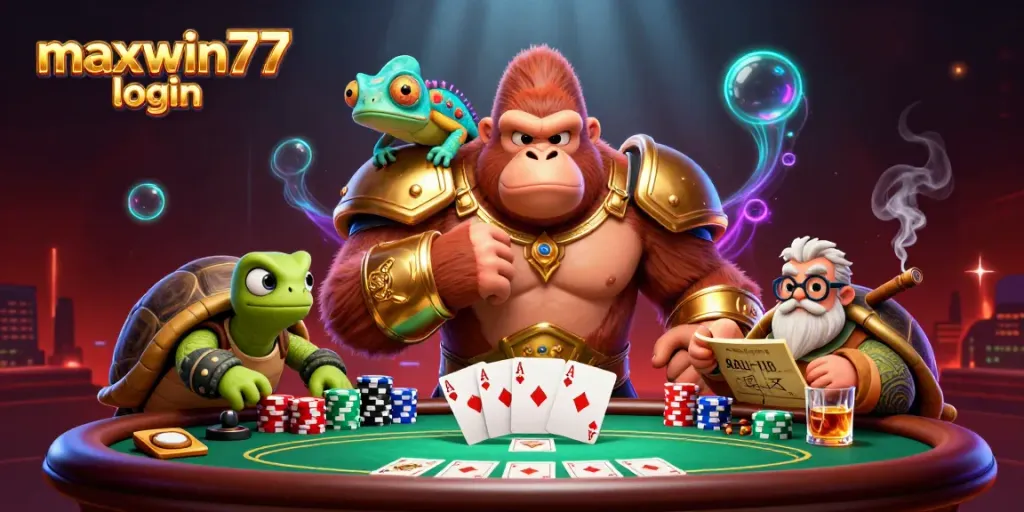 Engage with the maxwin77 login scene showcasing a gorilla king, chameleon companion, and tortoise elder at a poker table.