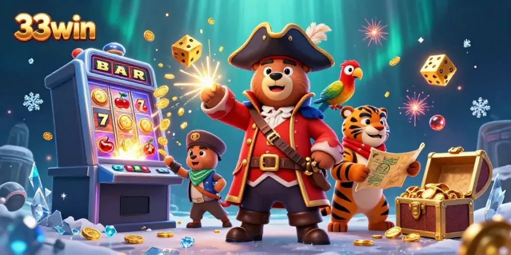 33win showcases a thrilling 3D slot machine with a pirate captain bear and a fierce tiger, celebrating winning moments