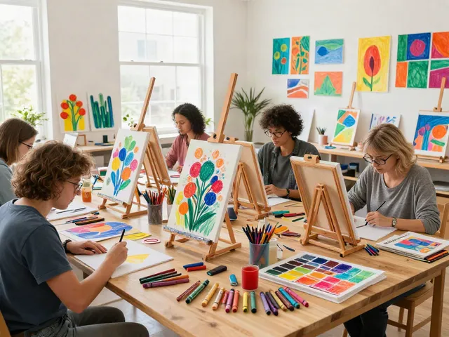Creative workspace with artists using crayons, showcasing crayon manufacturer products.
