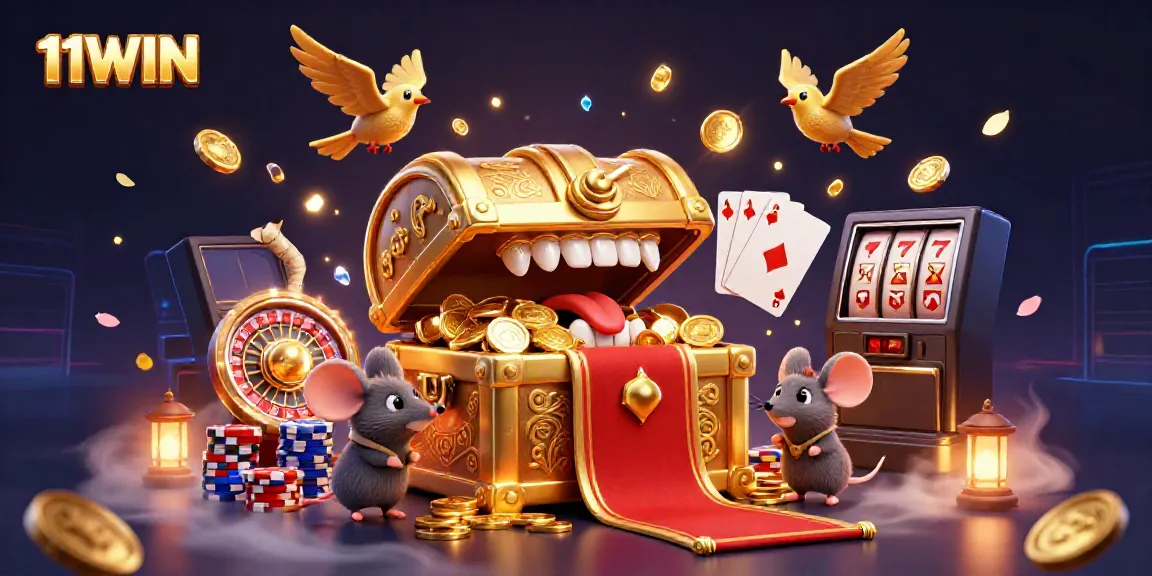Engage with 11WIN's vibrant casino adventure, featuring a treasure chest mimic and gaming elements.
