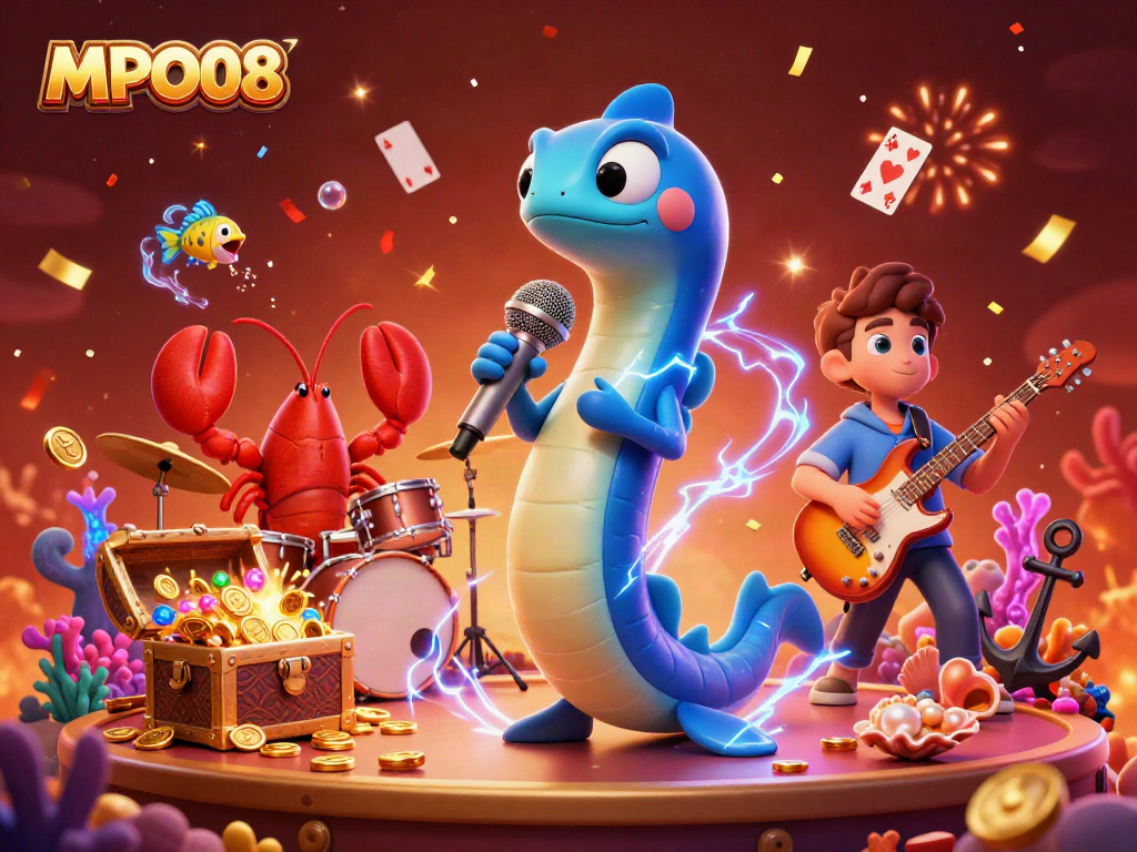 Engaging scene featuring MPO08 with a DJ electric eel, drummer lobster, and guitarist seahorse performing at an underwater casino.