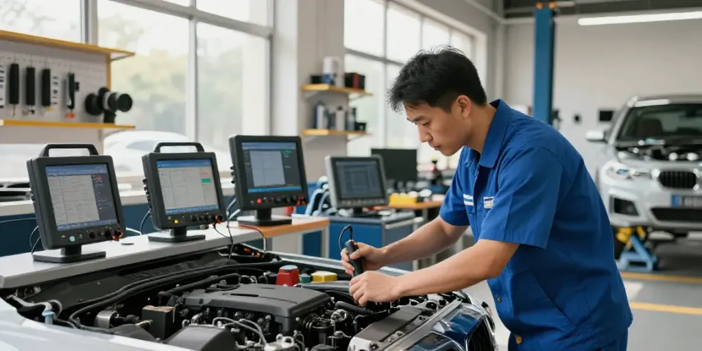 Expert technician at bmw werkstatt hannover inspecting BMW engine with precision tools.