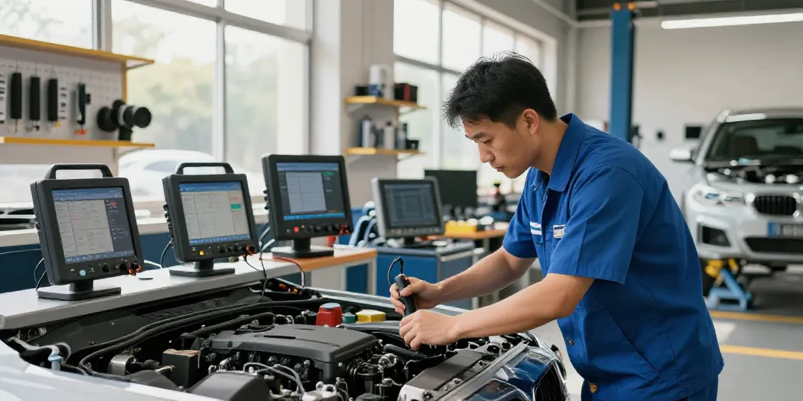 Expert technician at bmw werkstatt hannover inspecting BMW engine with precision tools.