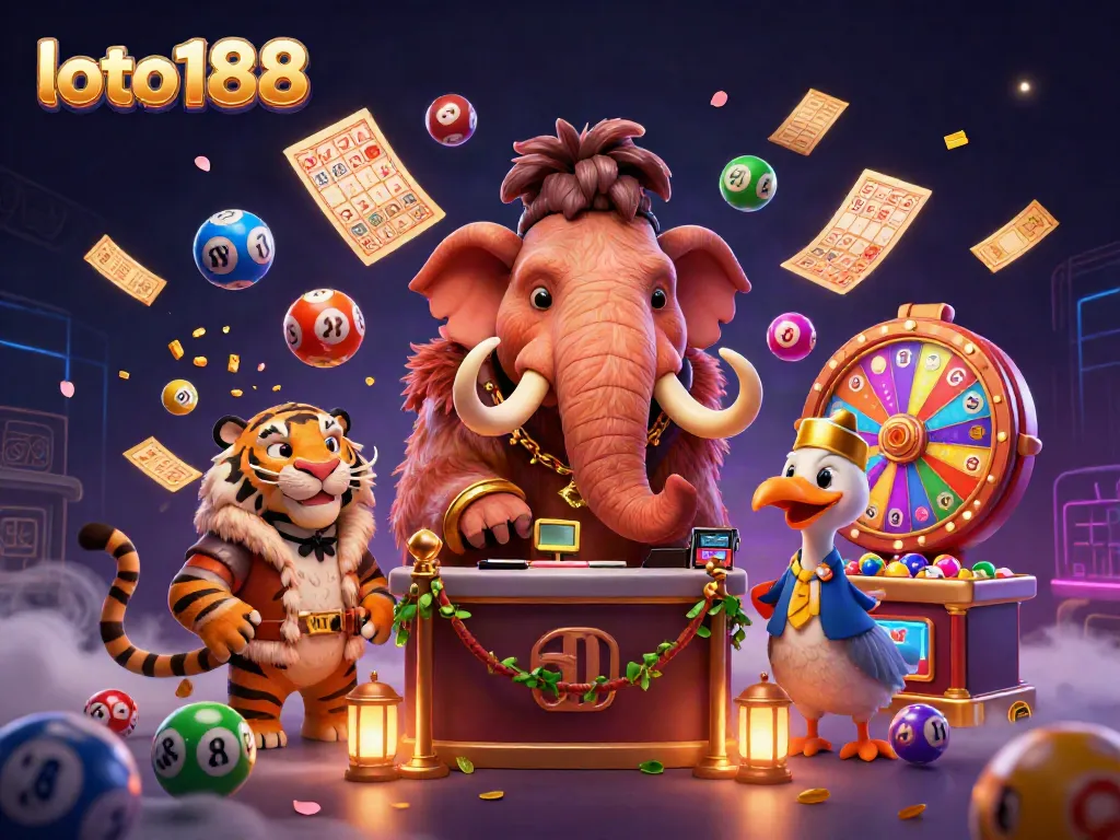 Experience the lively atmosphere of loto188 with colorful lottery themes and animated casino characters.