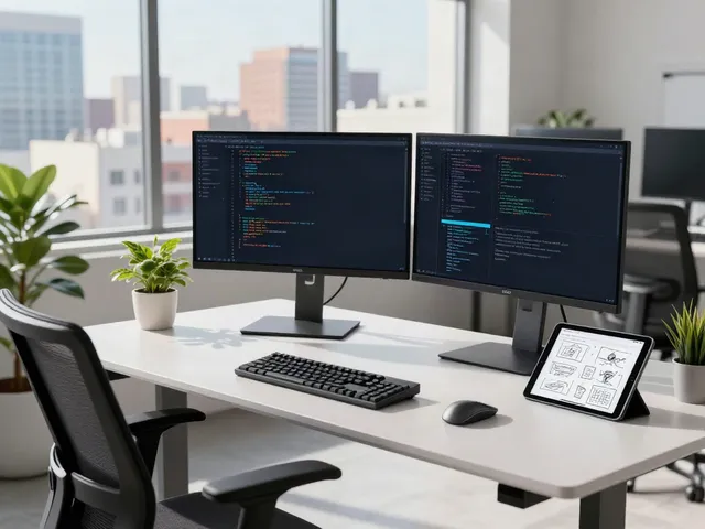 Programmer using the Brave browser in a modern tech workspace with monitors and natural light.