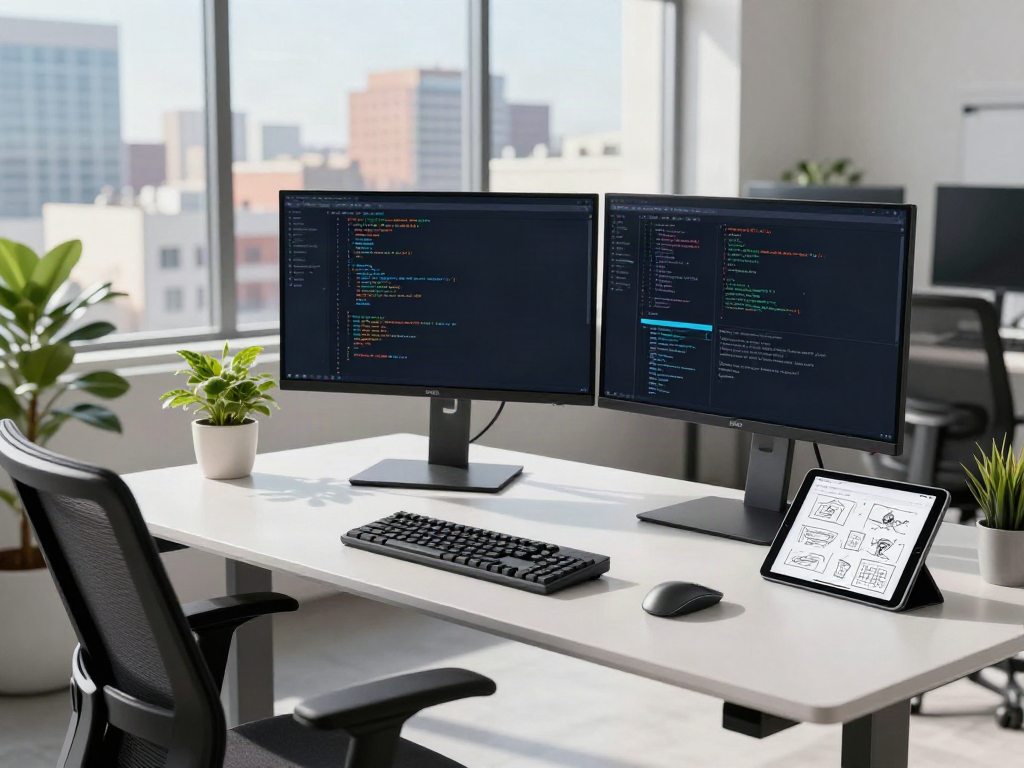 Programmer using the Brave browser in a modern tech workspace with monitors and natural light.