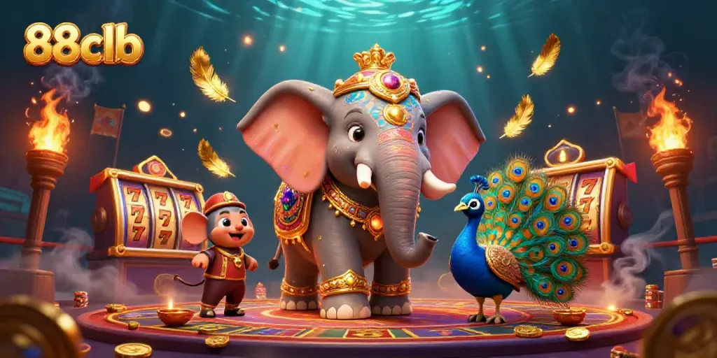 Experience the thrill with 88clb's vibrant illustrated scene of a casino elephant and peacock.