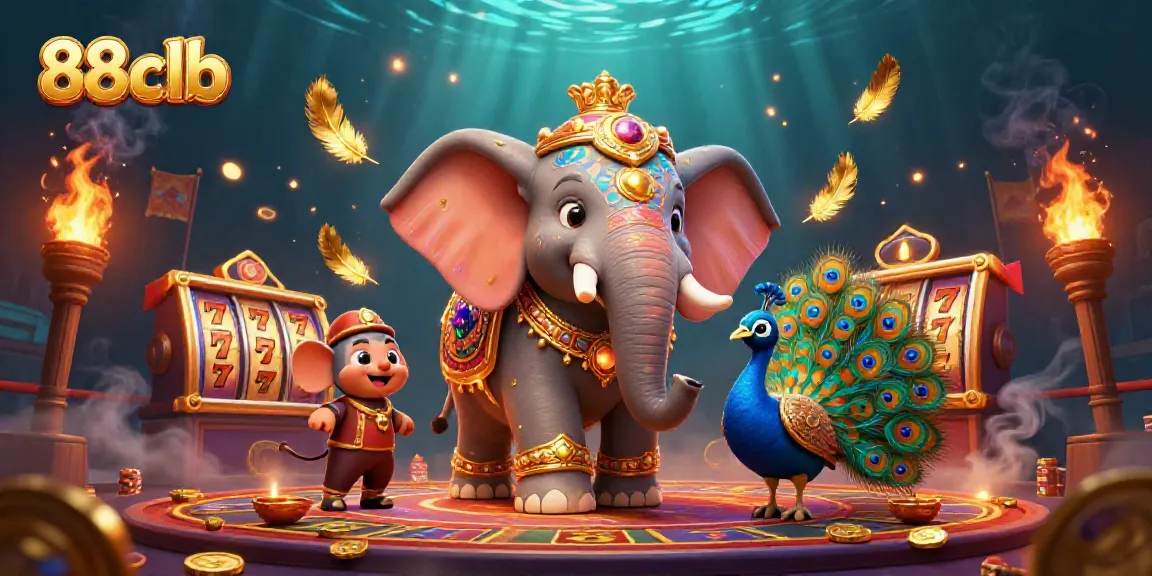 Experience the thrill with 88clb's vibrant illustrated scene of a casino elephant and peacock.