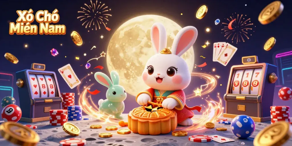 Xổ Số Miền Nam features a moon rabbit revealing poker chips, surrounded by lottery elements and celebration.