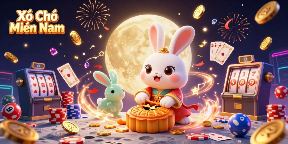 Xổ Số Miền Nam features a moon rabbit revealing poker chips, surrounded by lottery elements and celebration.