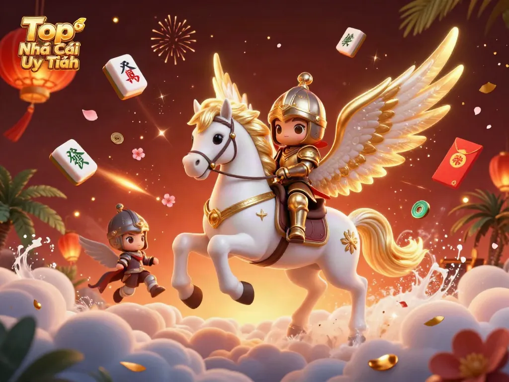 Experience the dynamic scene of Top Nhà Cái Uy Tín with a celestial horse racing through vibrant clouds, rich with styled game elements.