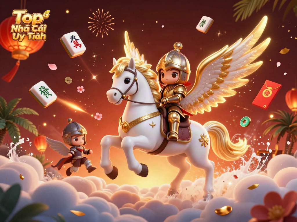Experience the dynamic scene of Top Nhà Cái Uy Tín with a celestial horse racing through vibrant clouds, rich with styled game elements.