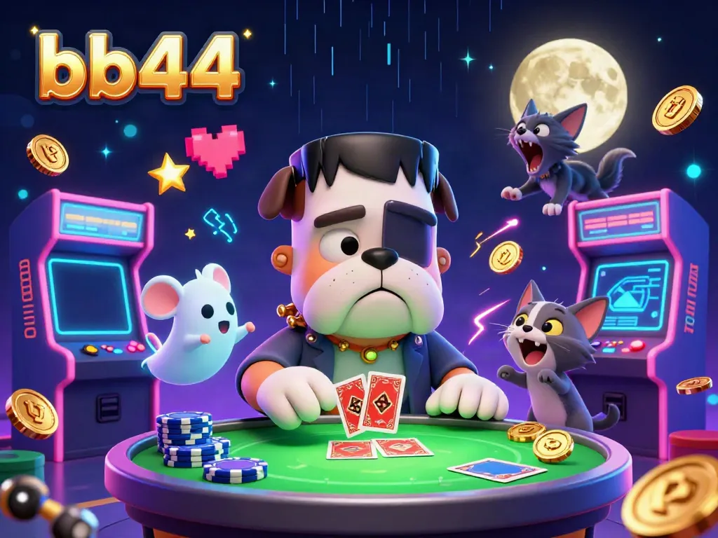 bb44 casino-themed illustration featuring a Frankenstein bulldog with a ghost mouse and werewolf kitten