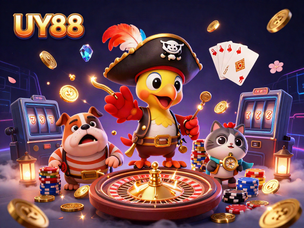 Experience the thrilling action of UY88 with charming characters celebrating casino wins amidst golden coins and games.