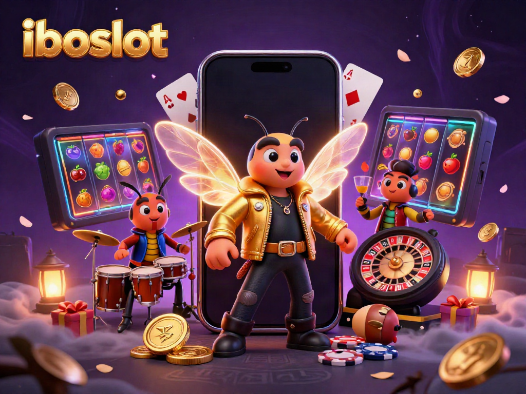 Experience thrilling wins with iboslot's dynamic casino scene featuring exciting slot games and animated characters.