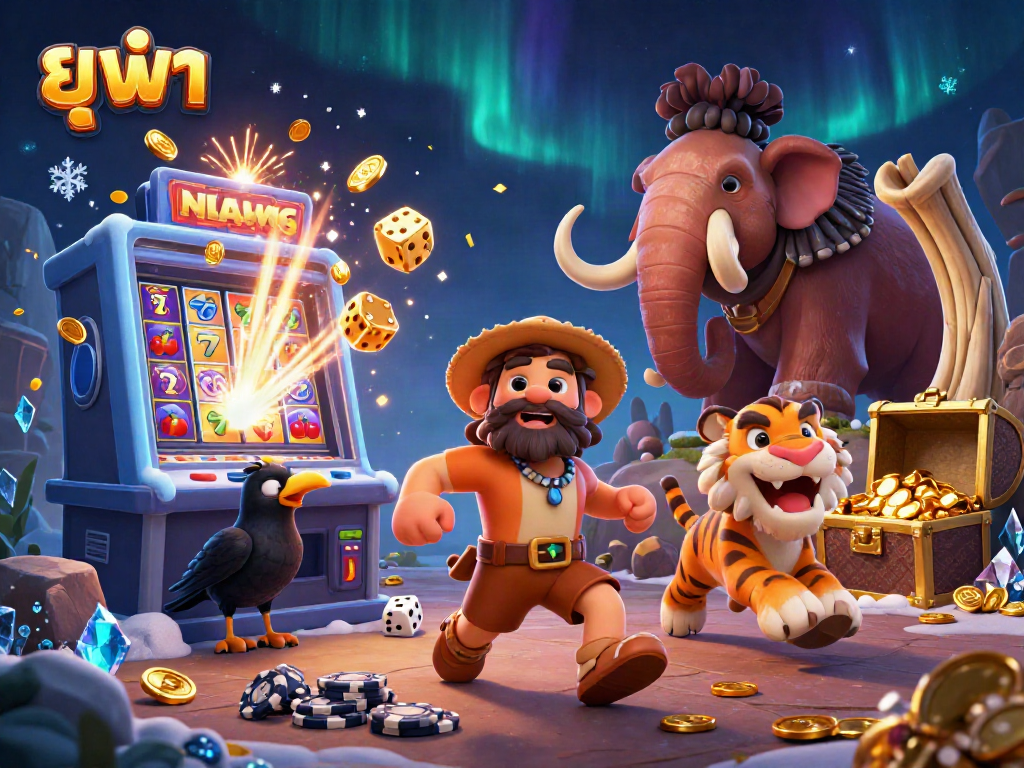 Engage in thrilling casino action with ยูฟ่า at a prehistoric themed casino featuring vibrant 3D characters.