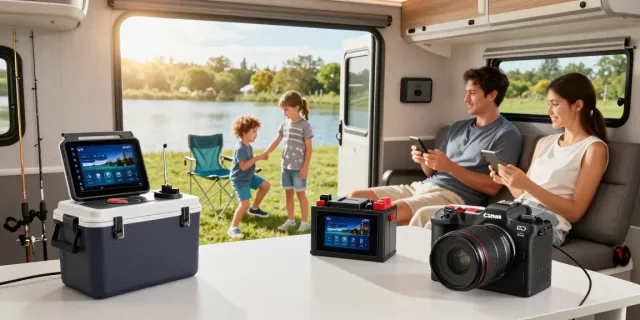 Family enjoying leisure time powered by a 12-volt battery in a modern RV