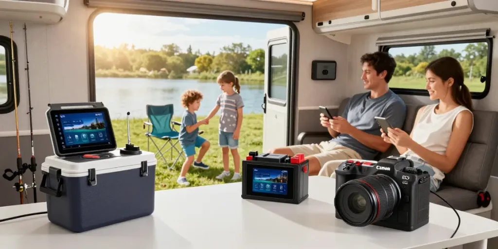Family enjoying leisure time powered by a 12-volt battery in a modern RV