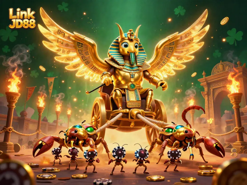 Experience Link JD88 as a colossal golden scarab beetle leads a dynamic casino adventure with scorpions and poker chips.