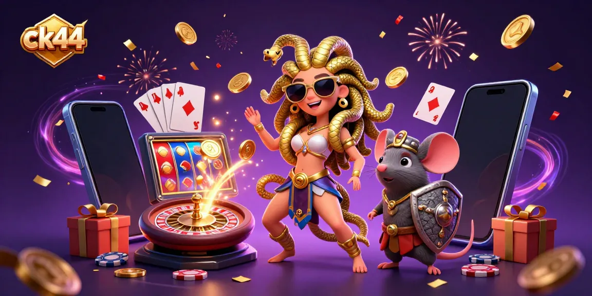 Engage with ck44's exciting gaming scene featuring Medusa and a warrior mouse amidst slots and colorful confetti.