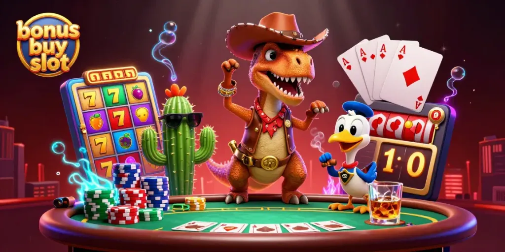 Engage with captivating bonus buy slot action featuring a cartoon T-Rex at a vibrant casino scene.