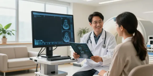 Radiologie Wolfsburg mit freundlichem Radiologen, der CT-Ergebnisse mit Patient besprecht.
