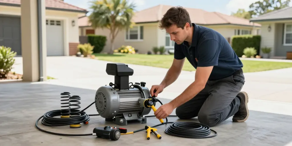 Technician performing garage door motor repairs near me, surrounded by tools and parts in Perth.