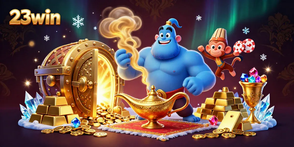 Experience thrilling gameplay at 23win with a magical casino scene featuring a genie and treasures.