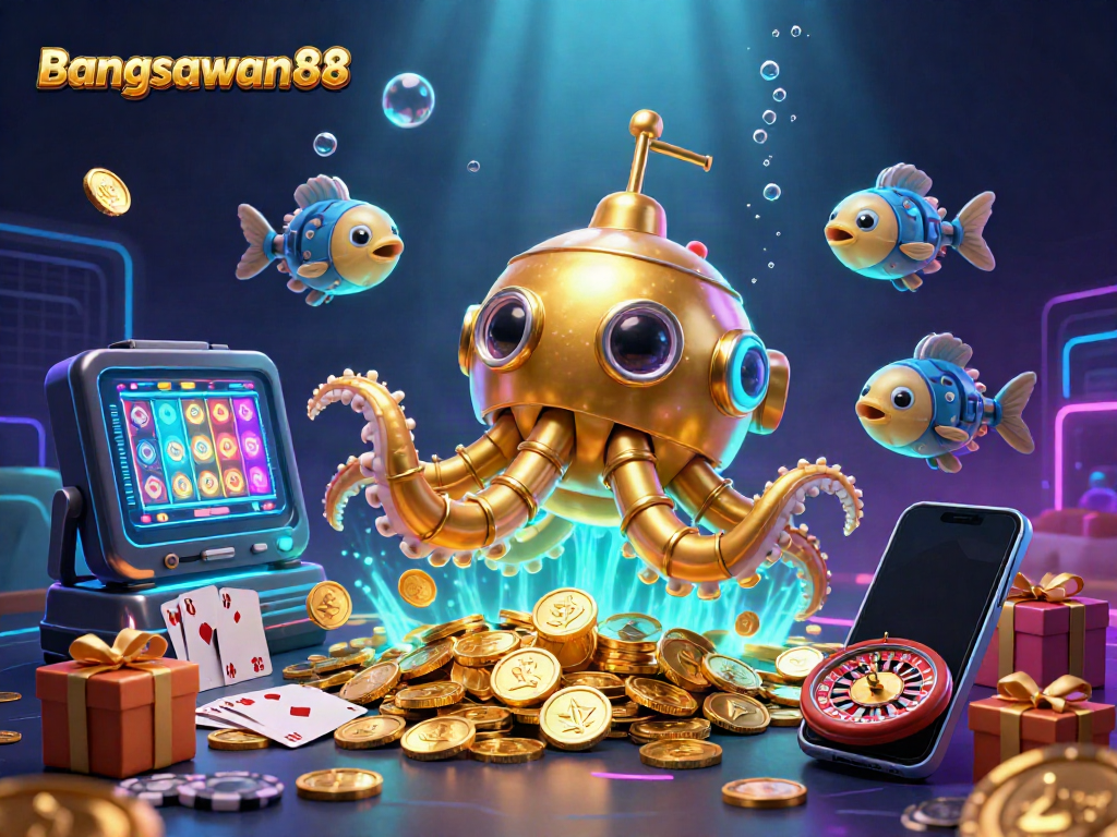 Bangsawan88 players enjoy spinning reels of exciting slots surrounded by golden coins in an engaging underwater scene.