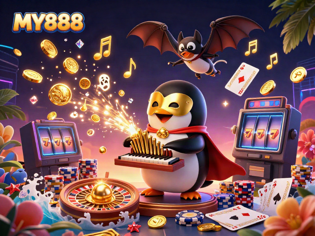 Experience thrilling gameplay with MY888's vibrant 3D illustration featuring animated casino elements.