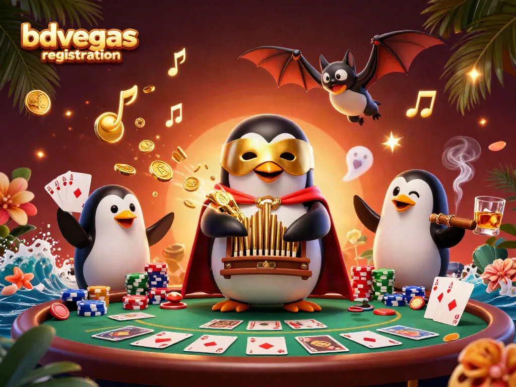 Win big with bdvegas registration—3D penguin organist amidst poker and gaming elements
