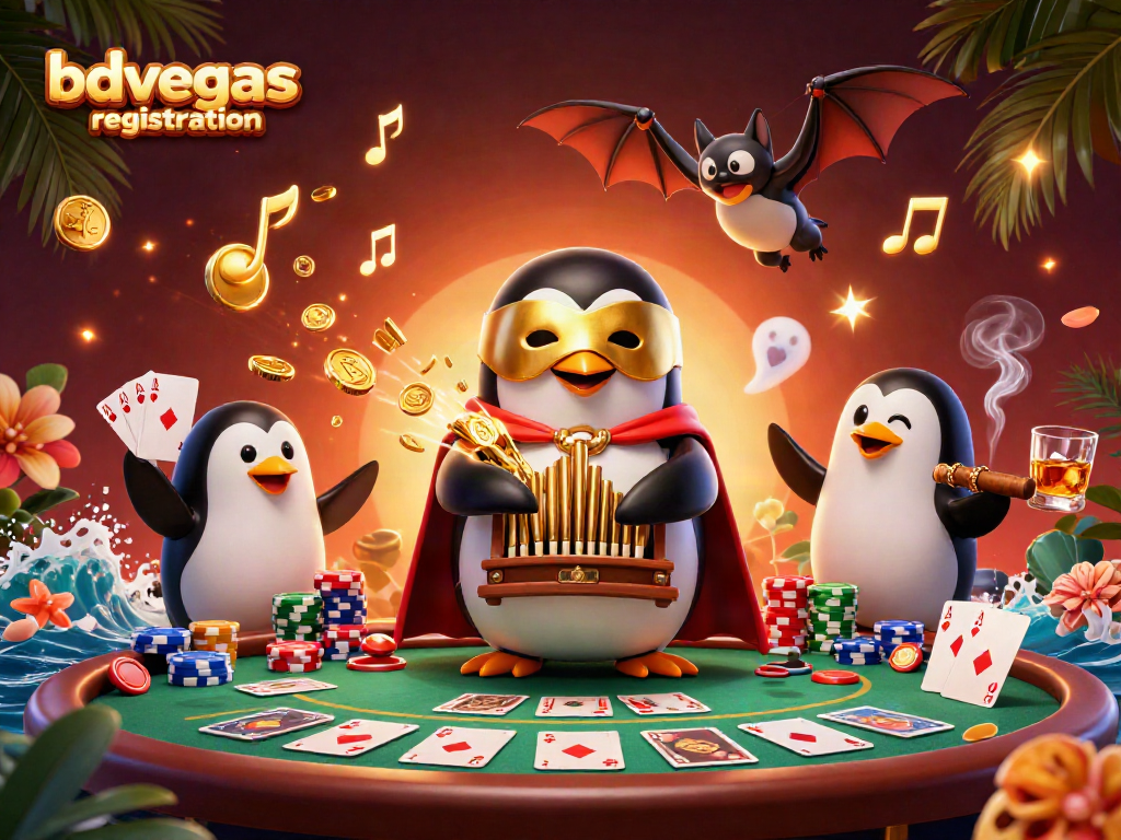 Win big with bdvegas registration—3D penguin organist amidst poker and gaming elements